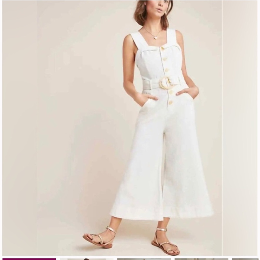 Anthropologie Cape Cod Linen Jumpsuit Size 8 Cream Button Belted Wide Leg Crop